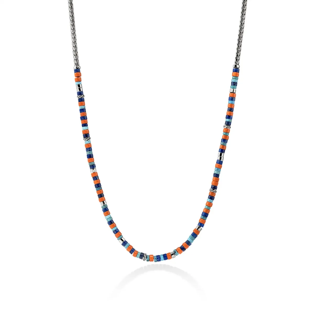 John Hardy Heishi Silver 3.5mm Slim Chain Necklace with Lapis, Turquoise, and Enamel