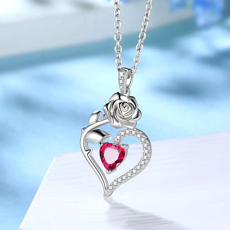 July Ruby Necklace Women Heart Birthstone Pendant Flower Rose Jewelry Birthday Gifts