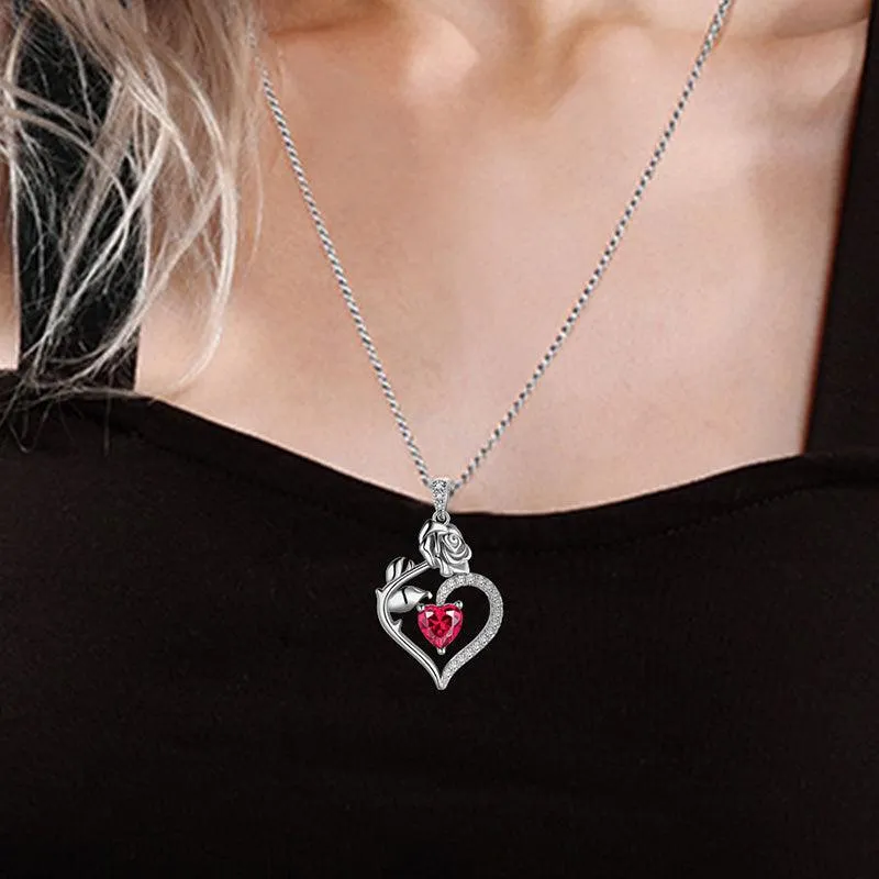 July Ruby Necklace Women Heart Birthstone Pendant Flower Rose Jewelry Birthday Gifts