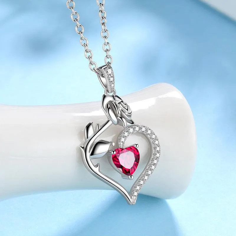 July Ruby Necklace Women Heart Birthstone Pendant Flower Rose Jewelry Birthday Gifts