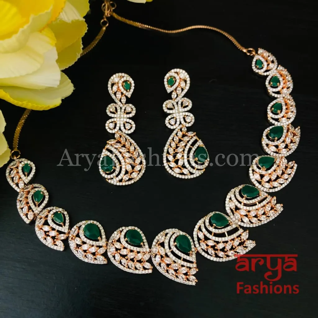 Kiaana Emerald Rose Gold CZ Necklace with Earrings