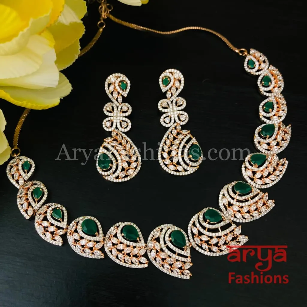 Kiaana Emerald Rose Gold CZ Necklace with Earrings