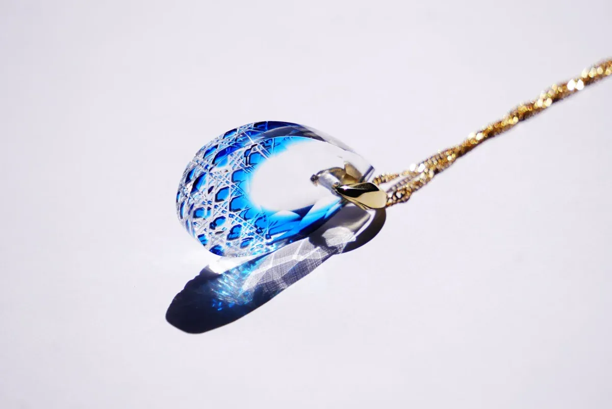 Kiriko Glass Pendant Necklace -Blue-, Japanese Jewelry