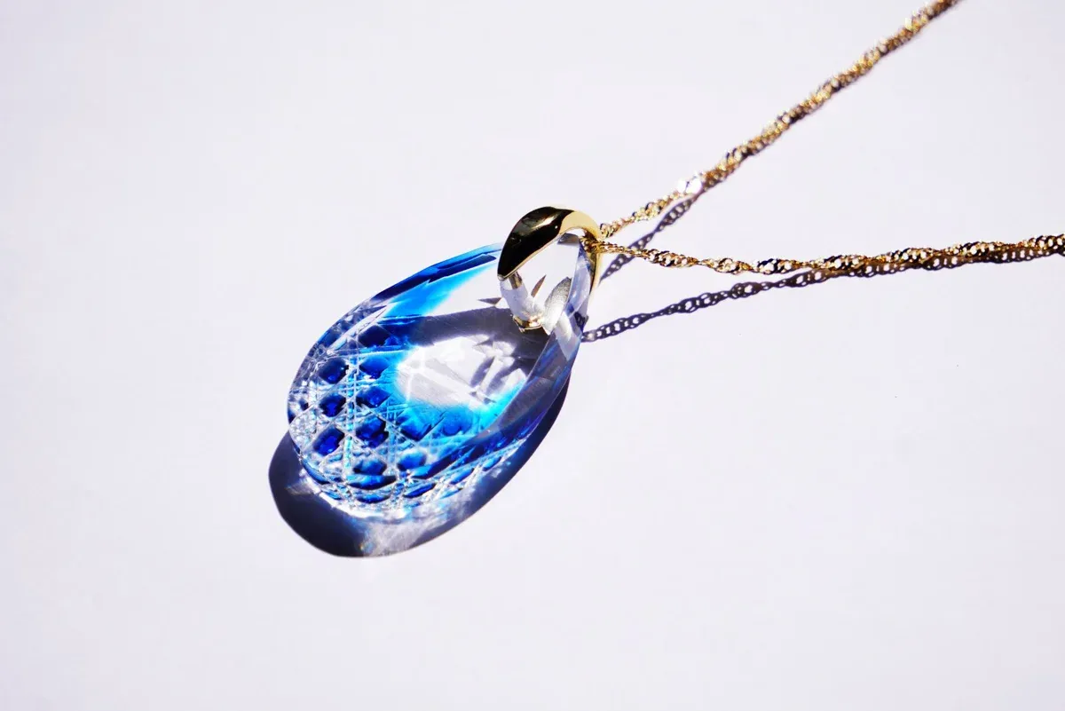 Kiriko Glass Pendant Necklace -Blue-, Japanese Jewelry