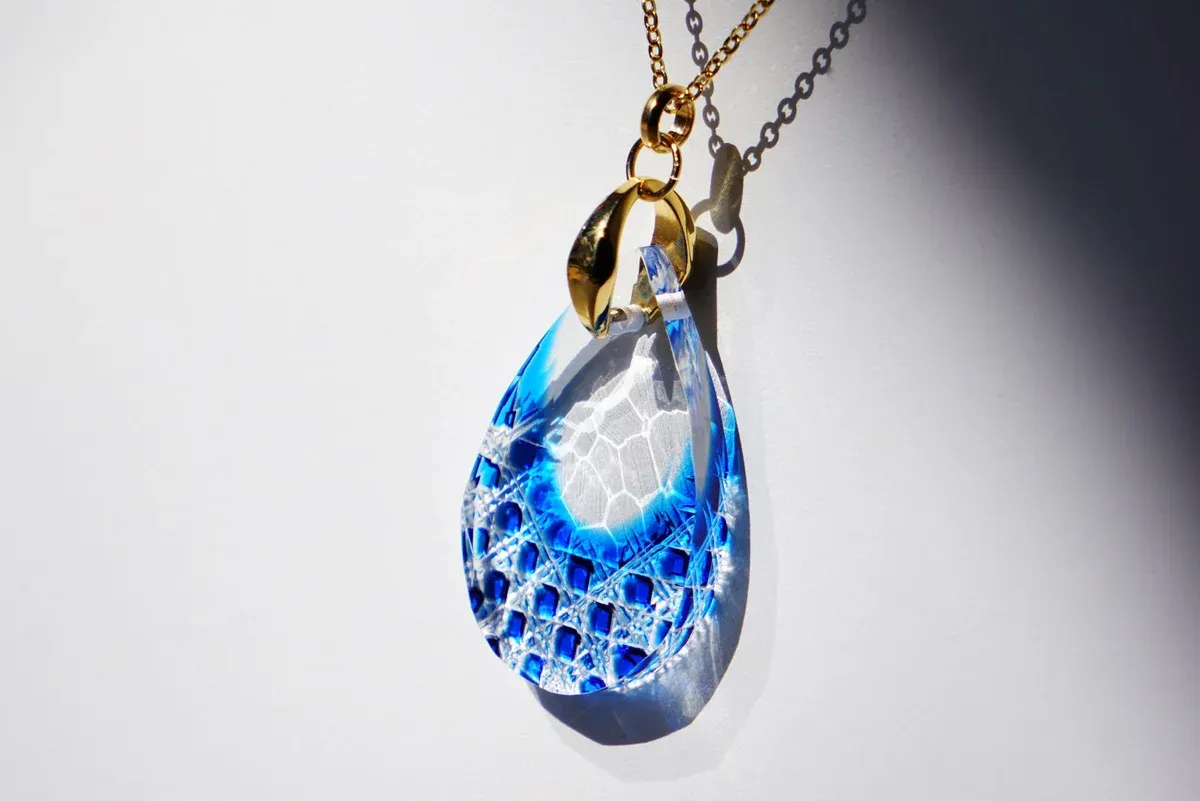 Kiriko Glass Pendant Necklace -Blue-, Japanese Jewelry