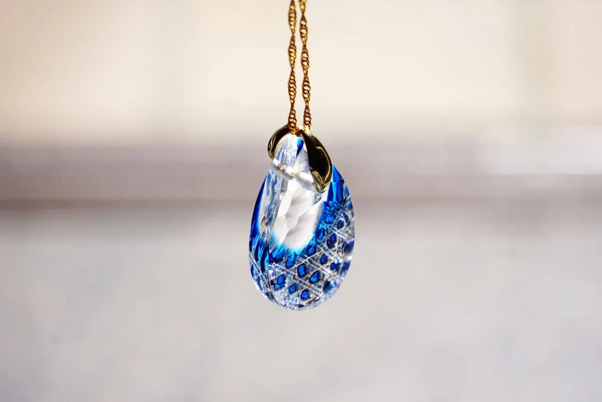 Kiriko Glass Pendant Necklace -Blue-, Japanese Jewelry