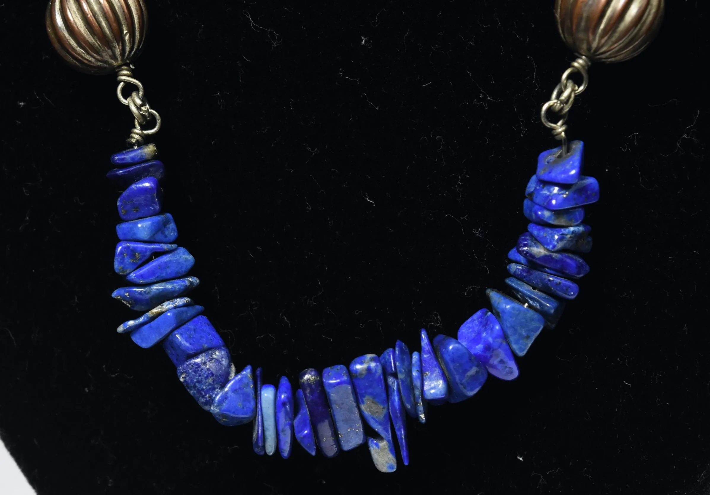 Lapis Lazuli Chip Bead Chain Necklace with Fluted Copper Beads