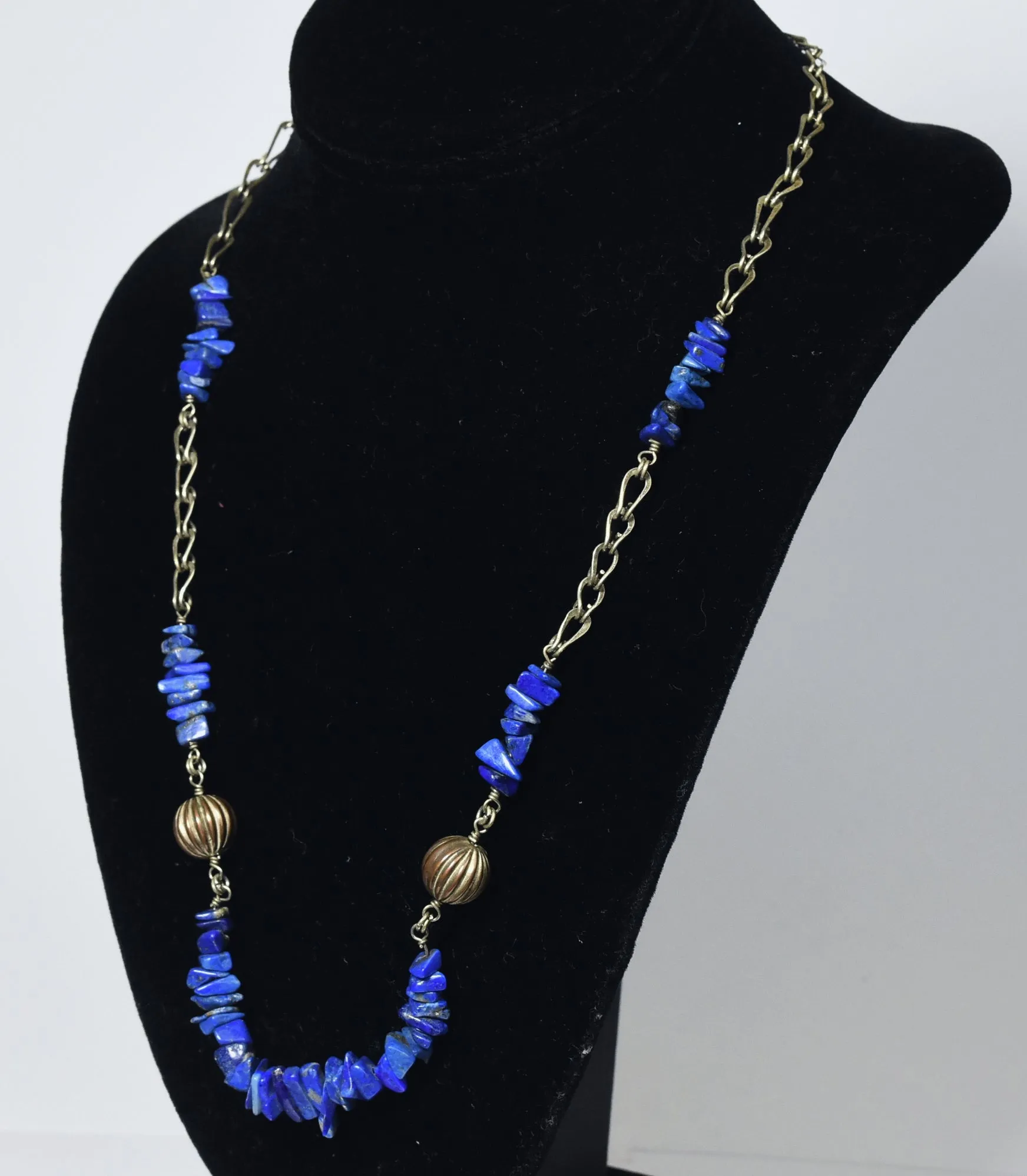 Lapis Lazuli Chip Bead Chain Necklace with Fluted Copper Beads