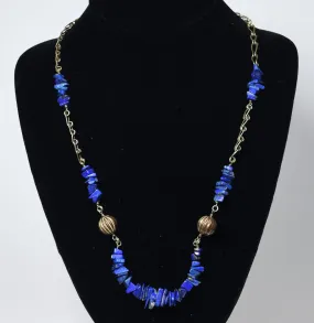 Lapis Lazuli Chip Bead Chain Necklace with Fluted Copper Beads