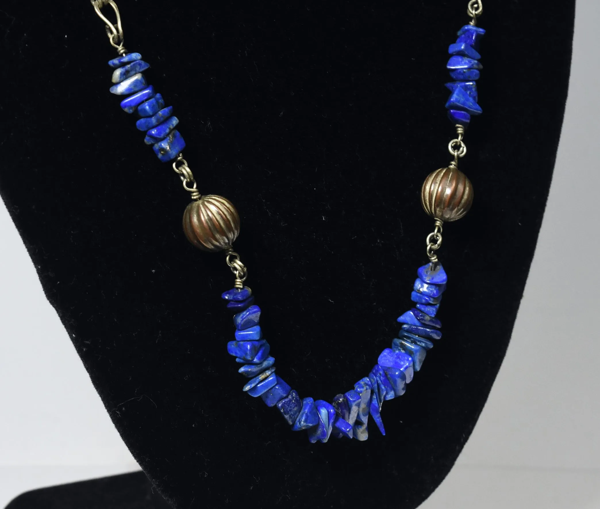 Lapis Lazuli Chip Bead Chain Necklace with Fluted Copper Beads