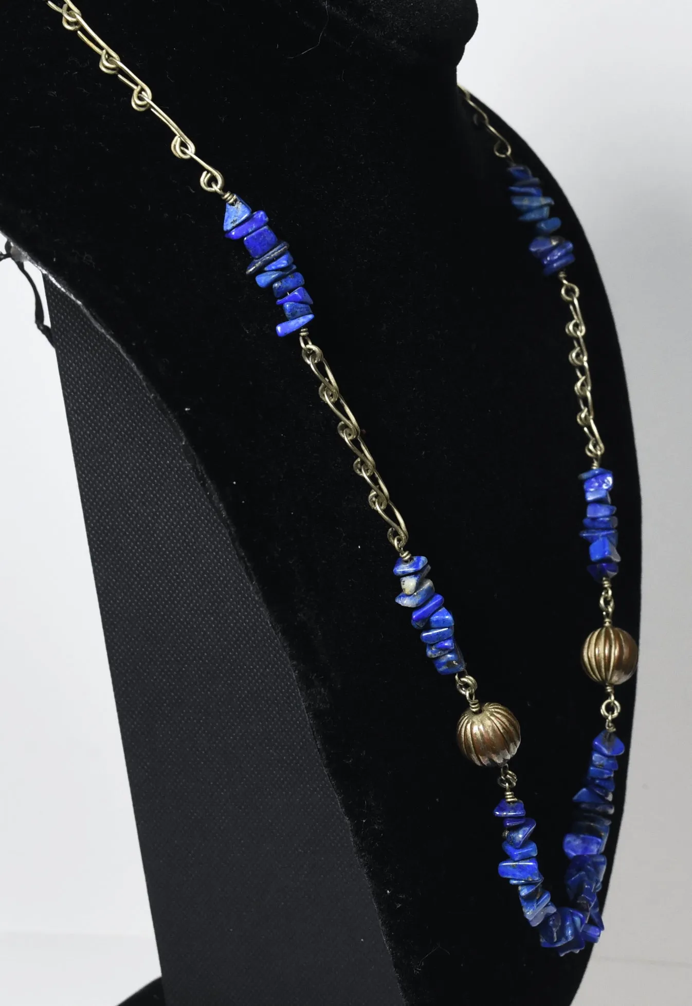 Lapis Lazuli Chip Bead Chain Necklace with Fluted Copper Beads