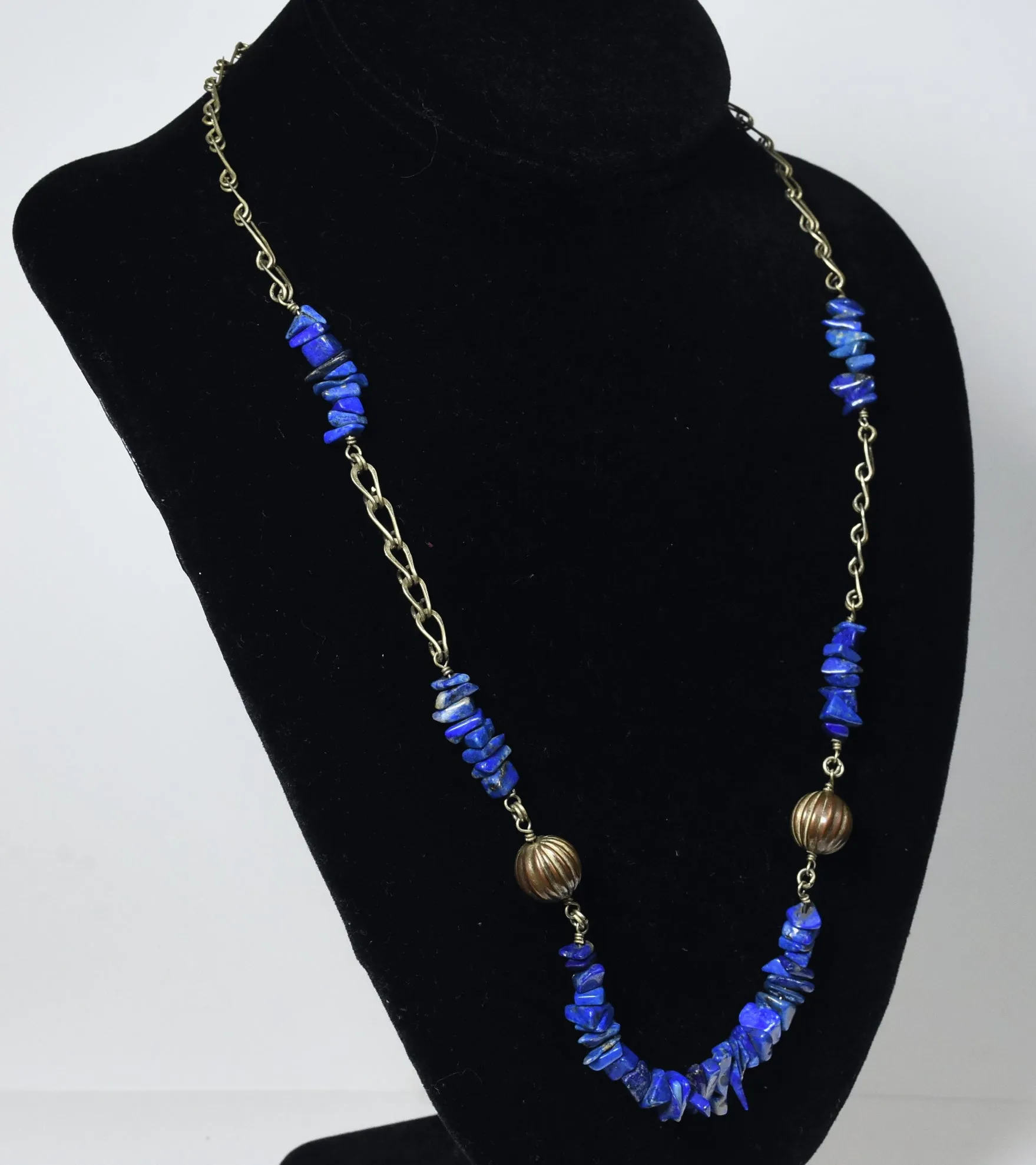 Lapis Lazuli Chip Bead Chain Necklace with Fluted Copper Beads