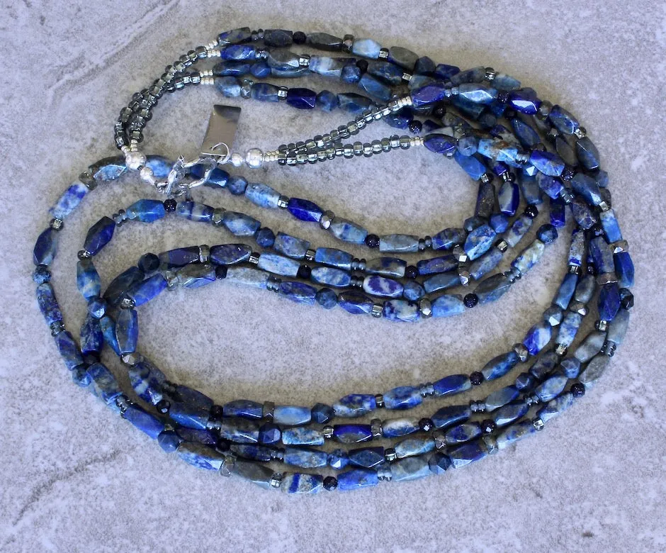 Lapis Lazuli Faceted Rectangles 4-Strand Necklace with Sunset Dumortierite, Blue Sandstone, Pyrite, Czech Glass and Sterling Silver