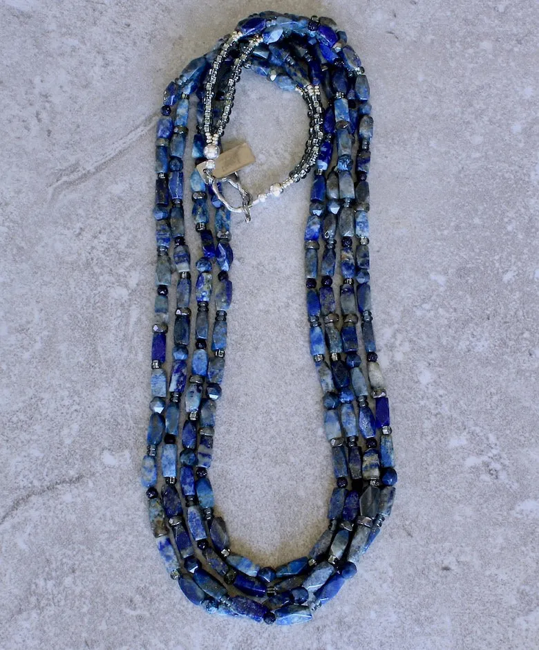 Lapis Lazuli Faceted Rectangles 4-Strand Necklace with Sunset Dumortierite, Blue Sandstone, Pyrite, Czech Glass and Sterling Silver