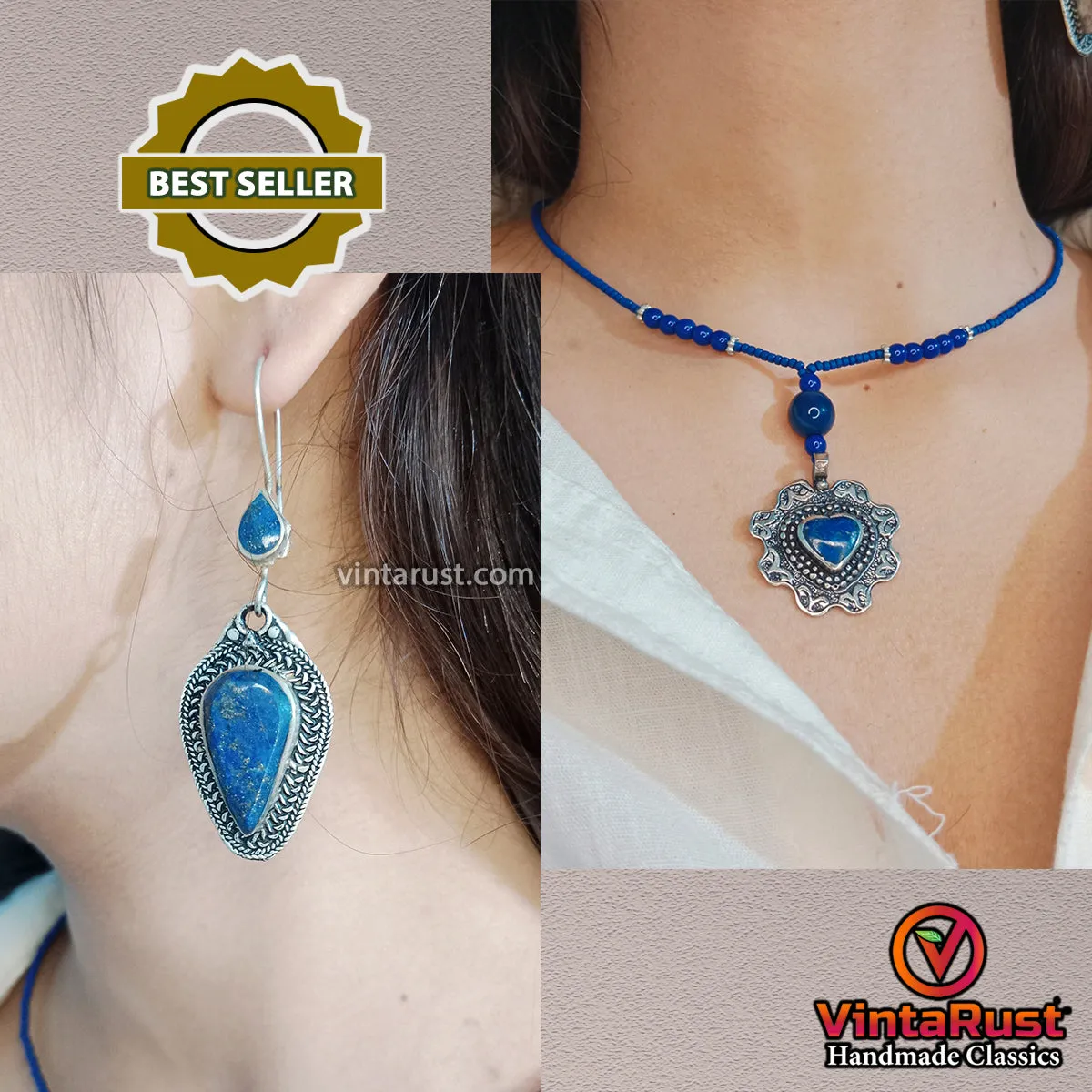 Lapis Lazuli Gemstone Jewelry Necklace and Earrings