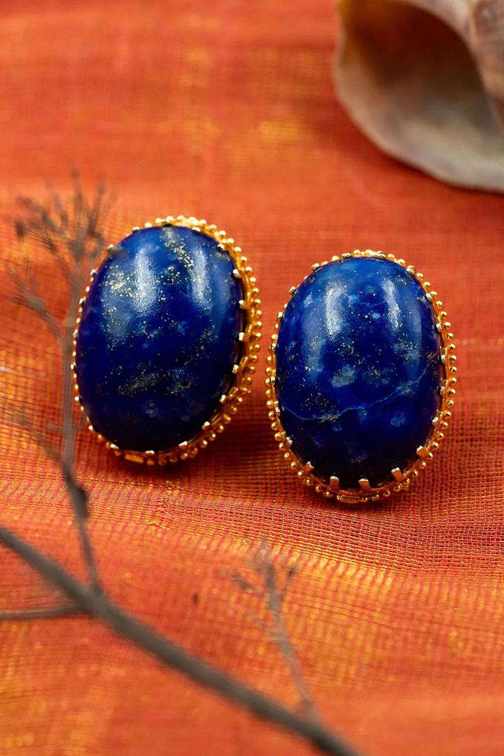 Lapis Lazuli Gold Finish Stud Earrings In Sterling Silver