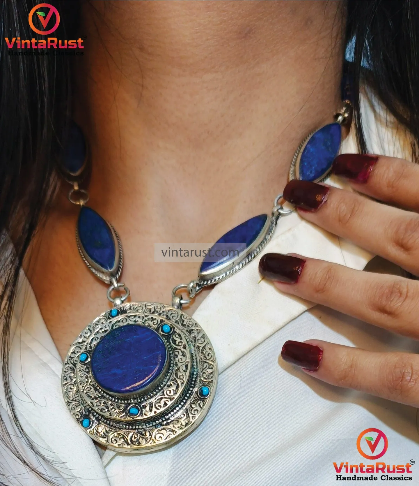 Lapis Lazuli  Stone Pendants Necklace with Earrings