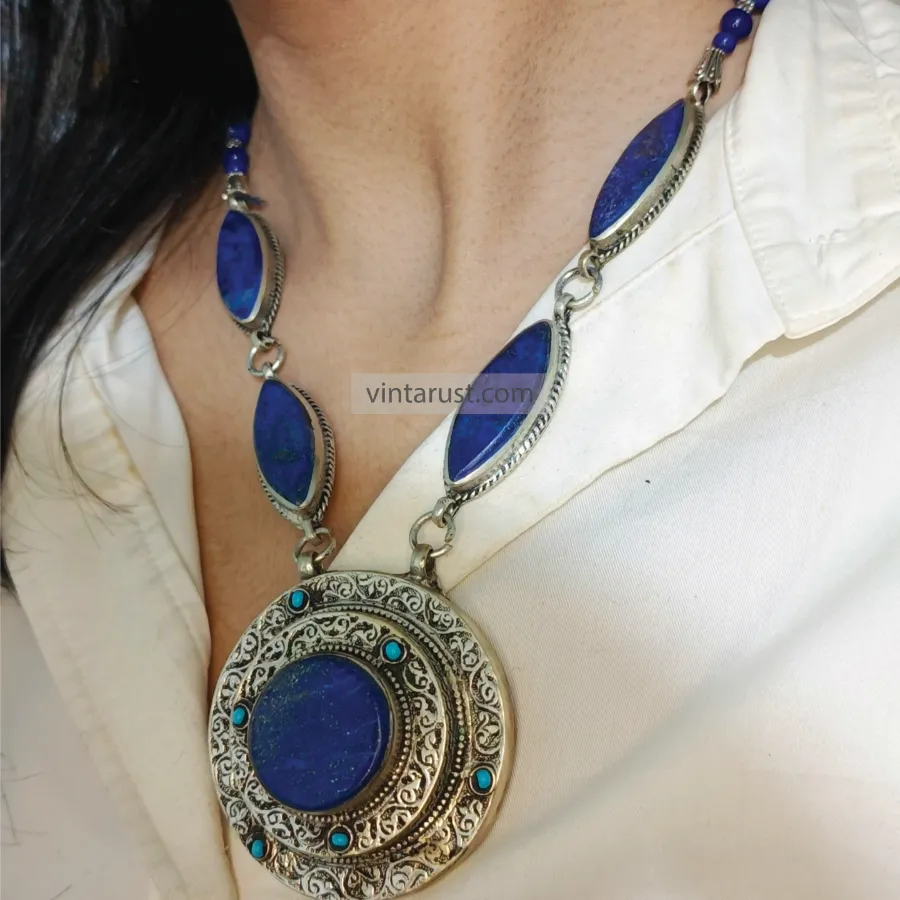 Lapis Lazuli  Stone Pendants Necklace with Earrings