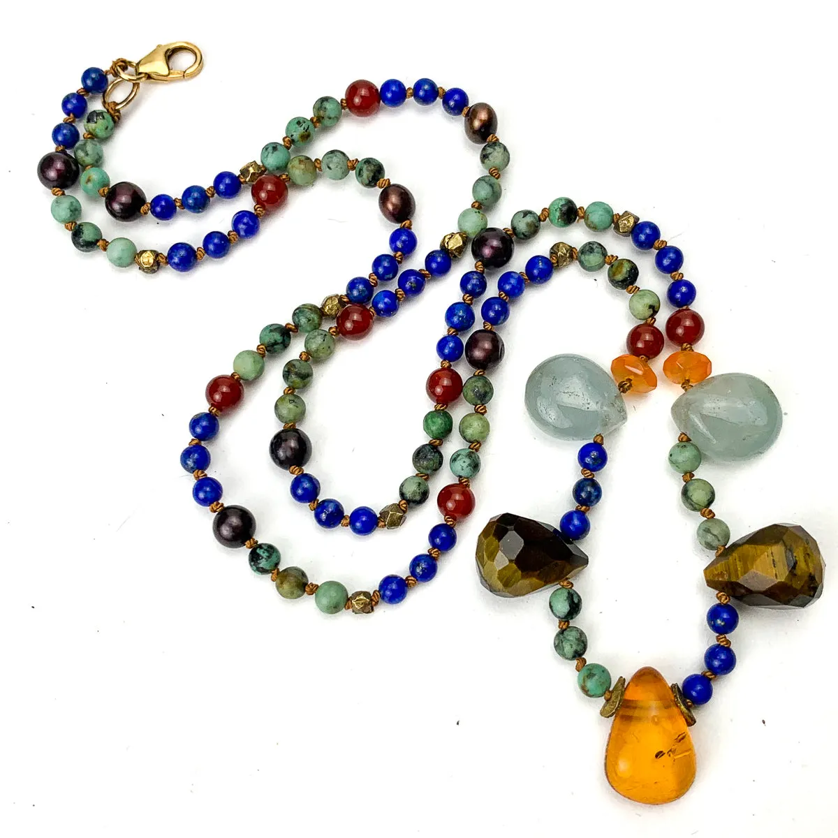 Lapis Lazuli, Turquoise, Amber, Tiger's Eye, Aquamarine, Carnelian, Freshwater Pearl, and Gold Vermeil Necklace