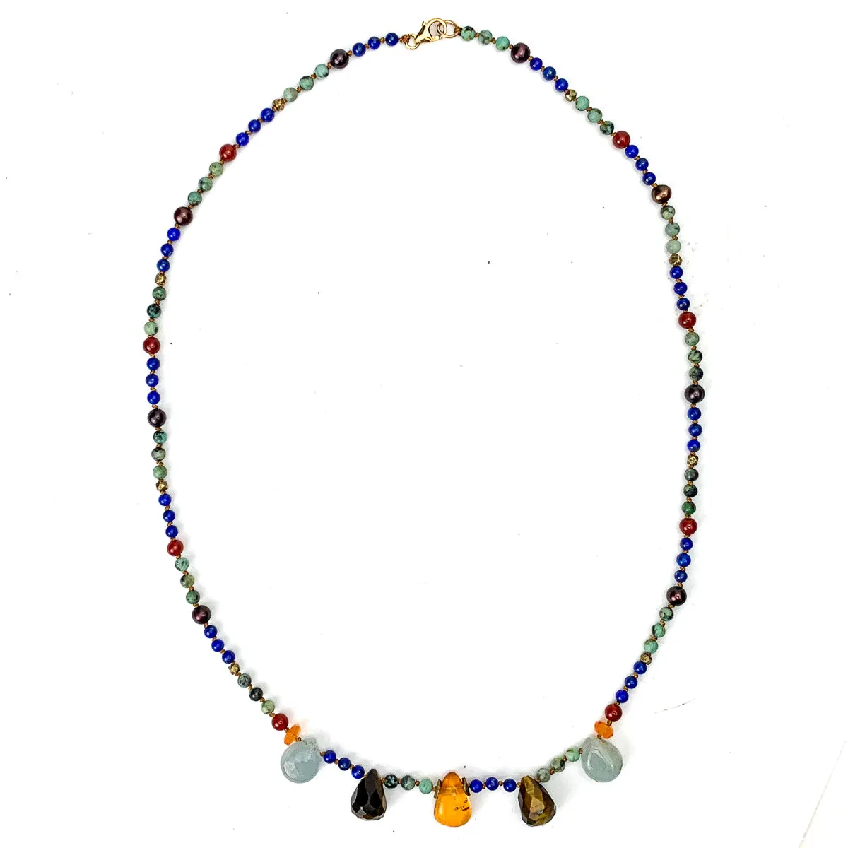 Lapis Lazuli, Turquoise, Amber, Tiger's Eye, Aquamarine, Carnelian, Freshwater Pearl, and Gold Vermeil Necklace