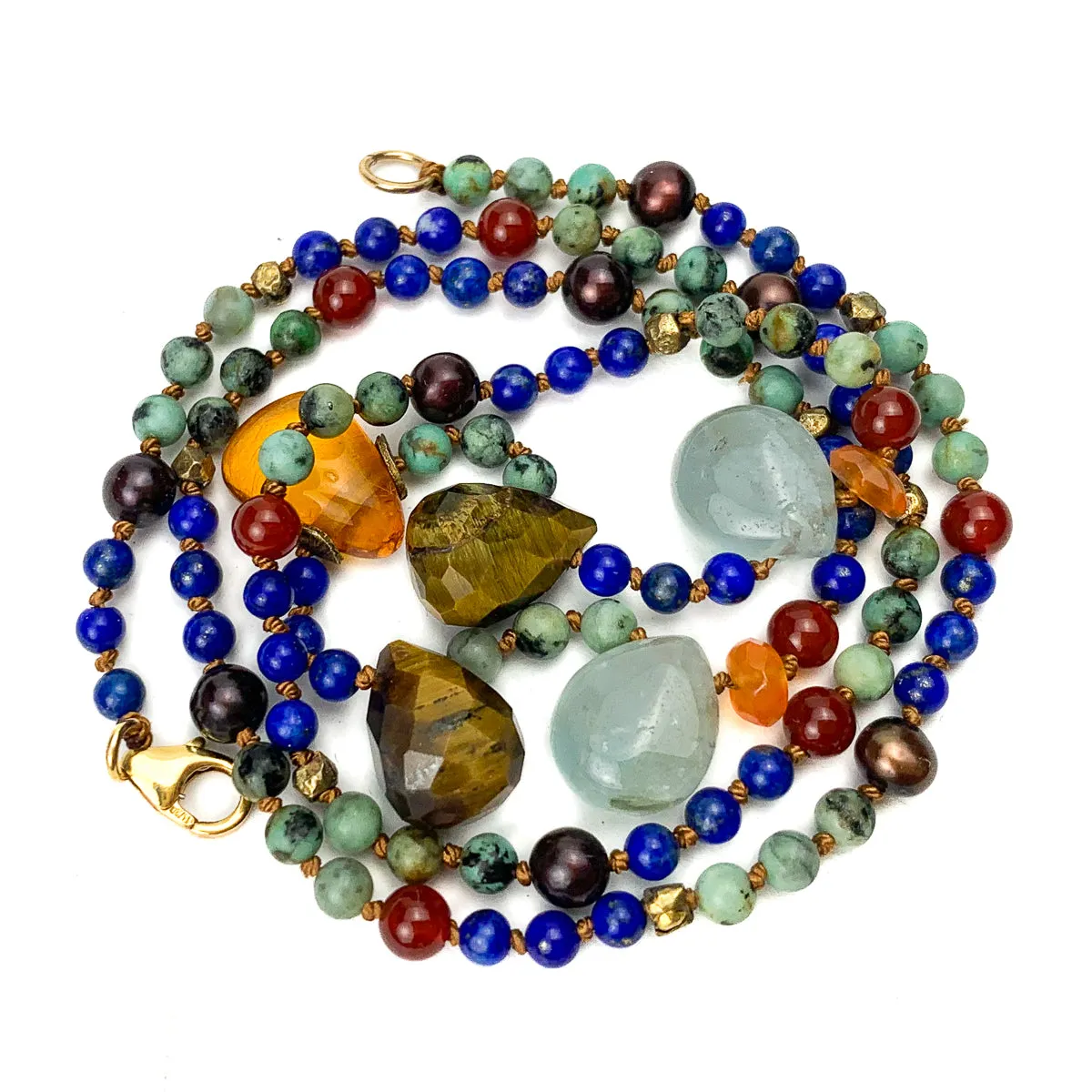 Lapis Lazuli, Turquoise, Amber, Tiger's Eye, Aquamarine, Carnelian, Freshwater Pearl, and Gold Vermeil Necklace