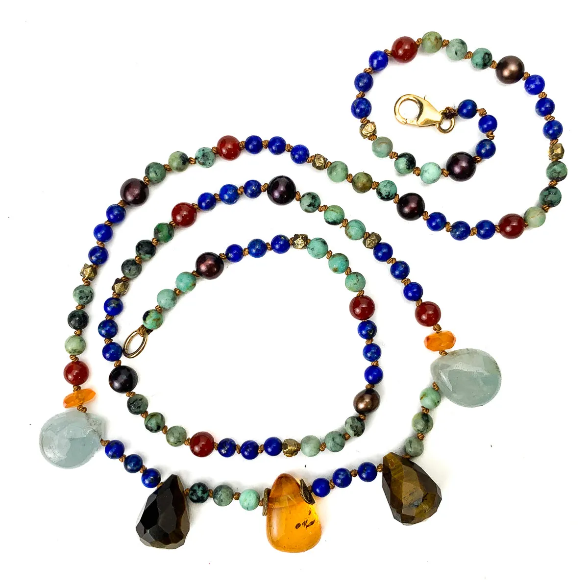 Lapis Lazuli, Turquoise, Amber, Tiger's Eye, Aquamarine, Carnelian, Freshwater Pearl, and Gold Vermeil Necklace