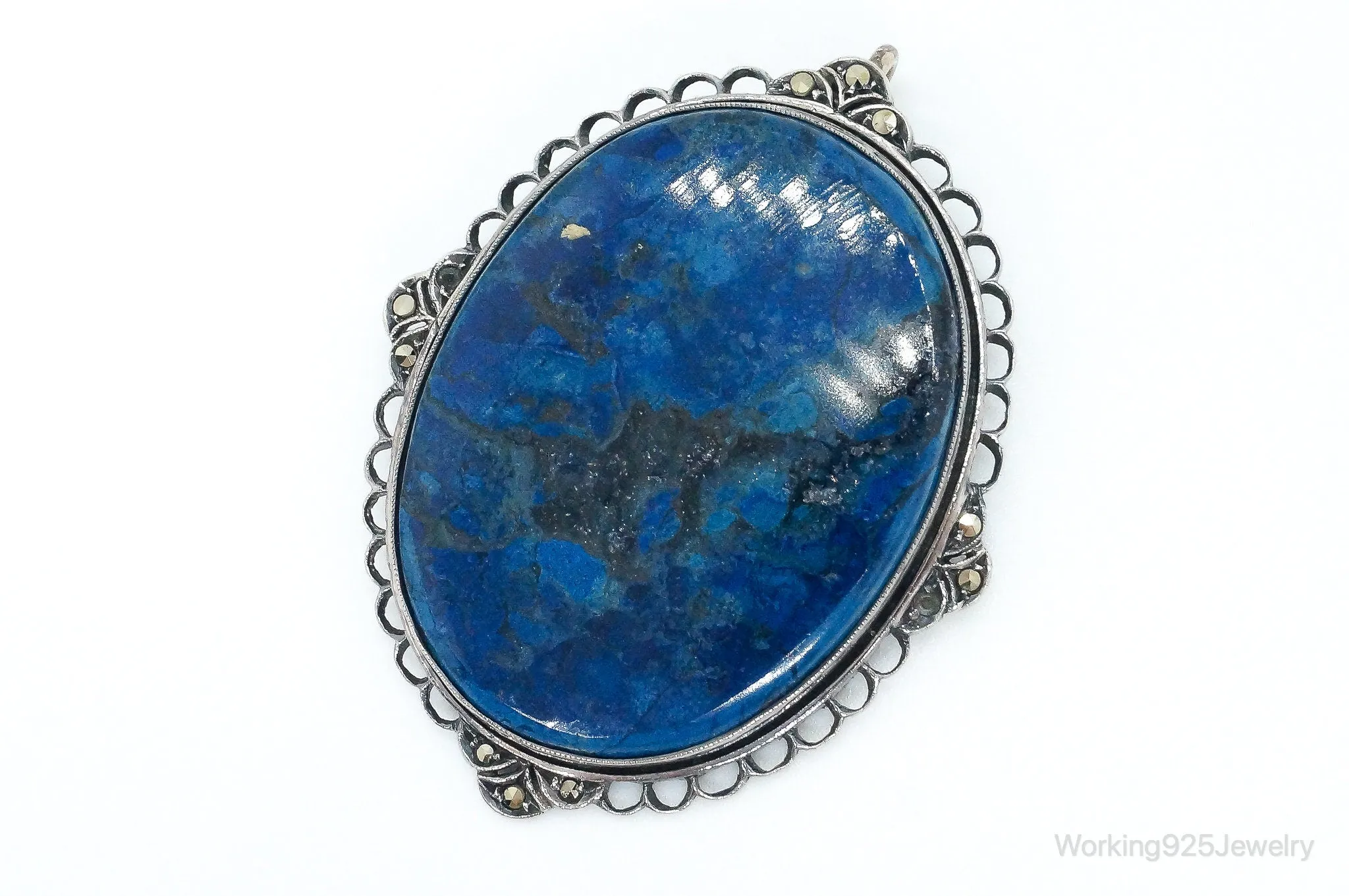 Large Antique Lapis Lazuli Marcasite Sterling Silver Pendant