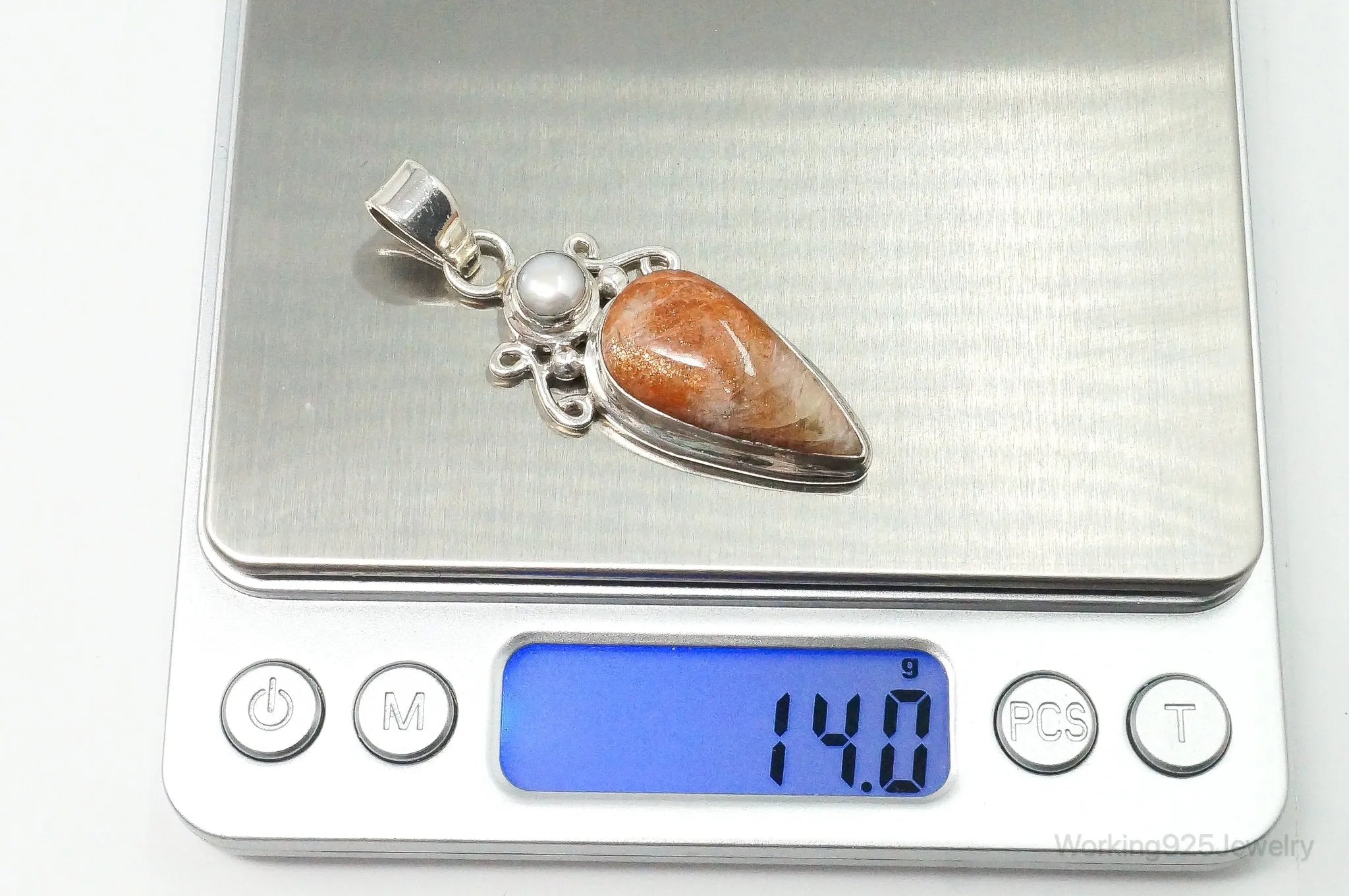 Large Vintage Sunstone Pearl Sterling Silver Pendant