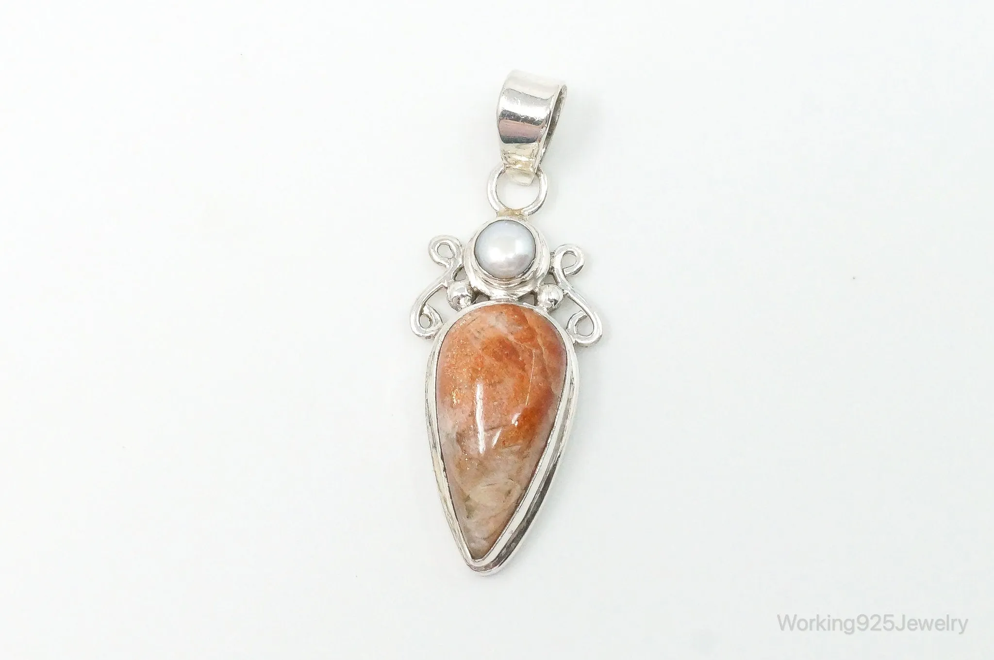 Large Vintage Sunstone Pearl Sterling Silver Pendant