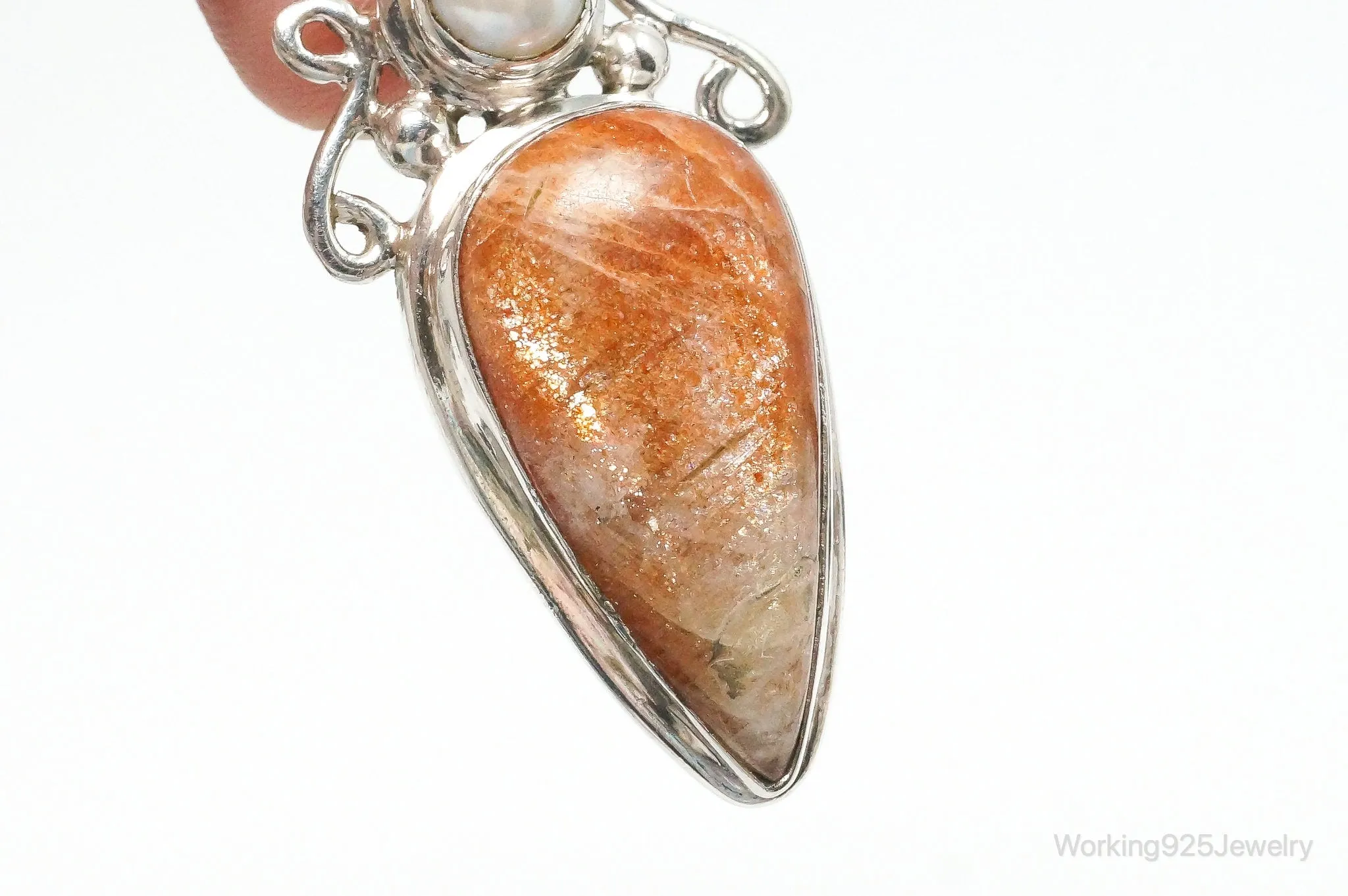 Large Vintage Sunstone Pearl Sterling Silver Pendant