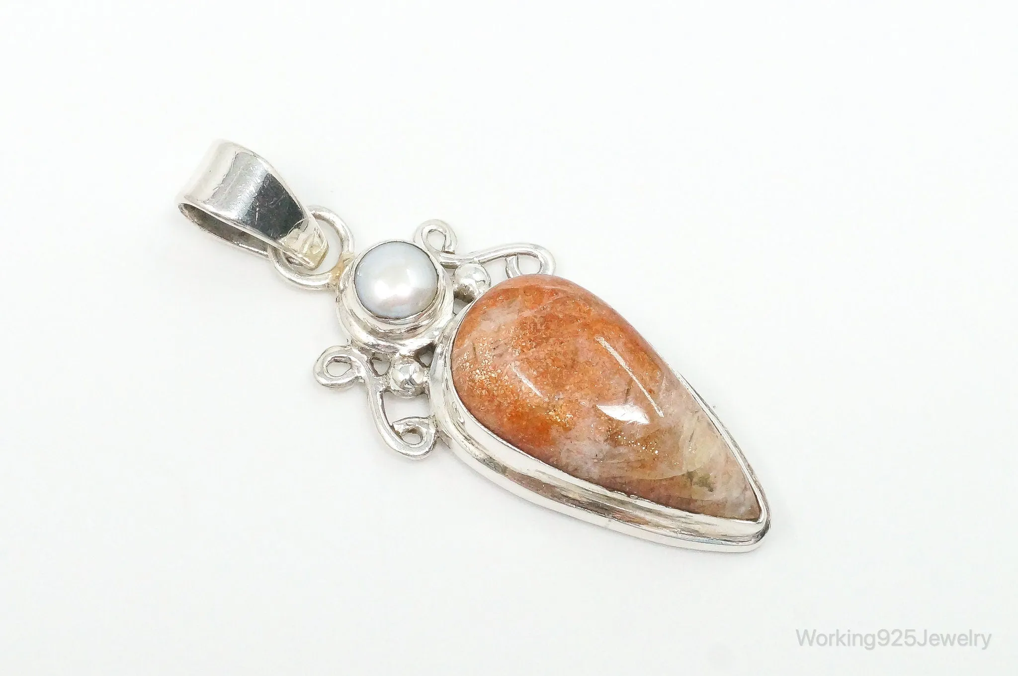 Large Vintage Sunstone Pearl Sterling Silver Pendant