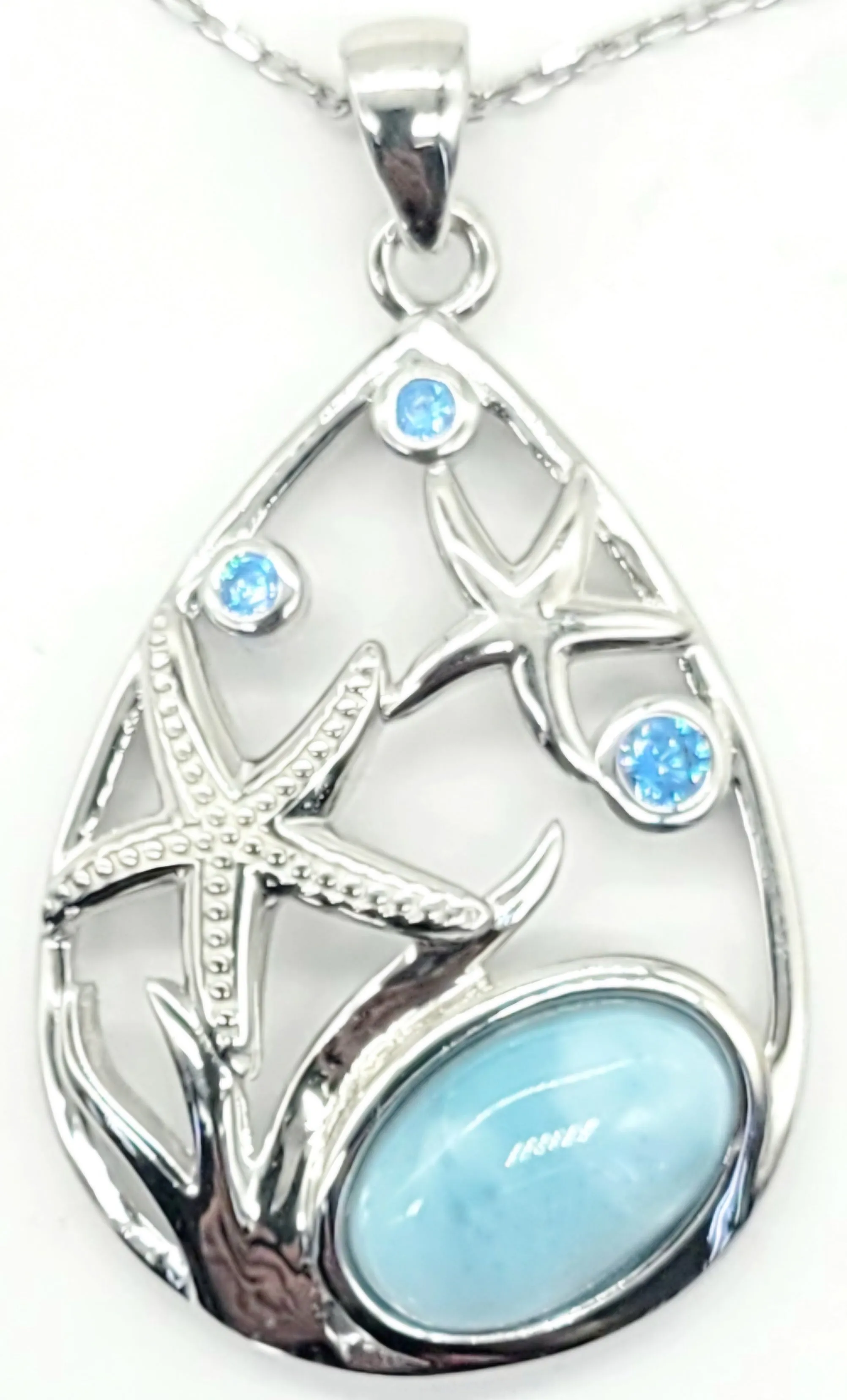 Larimar and Blue Cubic Zarconia Starfish pear Pendant Necklace