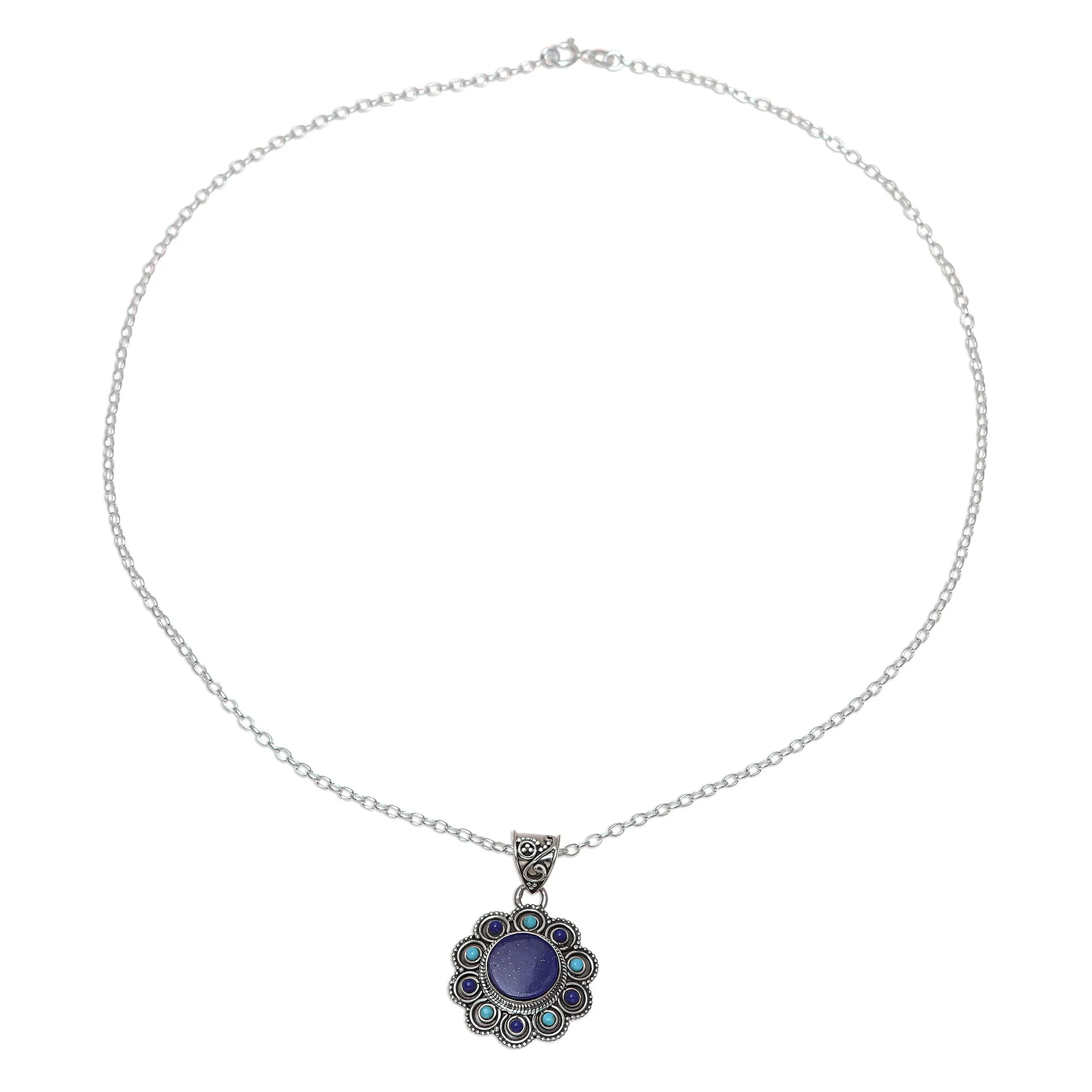 Magical Bloom Lapis Lazuli and Composite Turquoise Flower Pendant Necklace