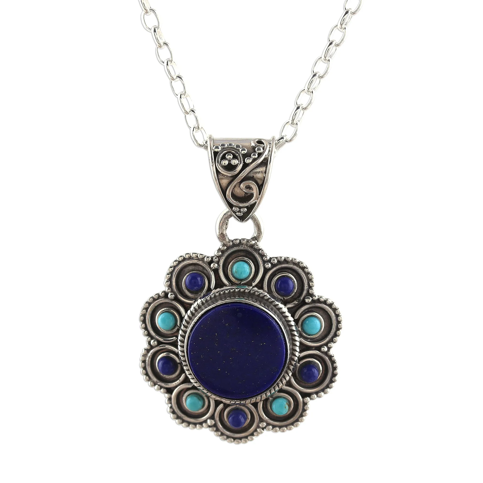 Magical Bloom Lapis Lazuli and Composite Turquoise Flower Pendant Necklace