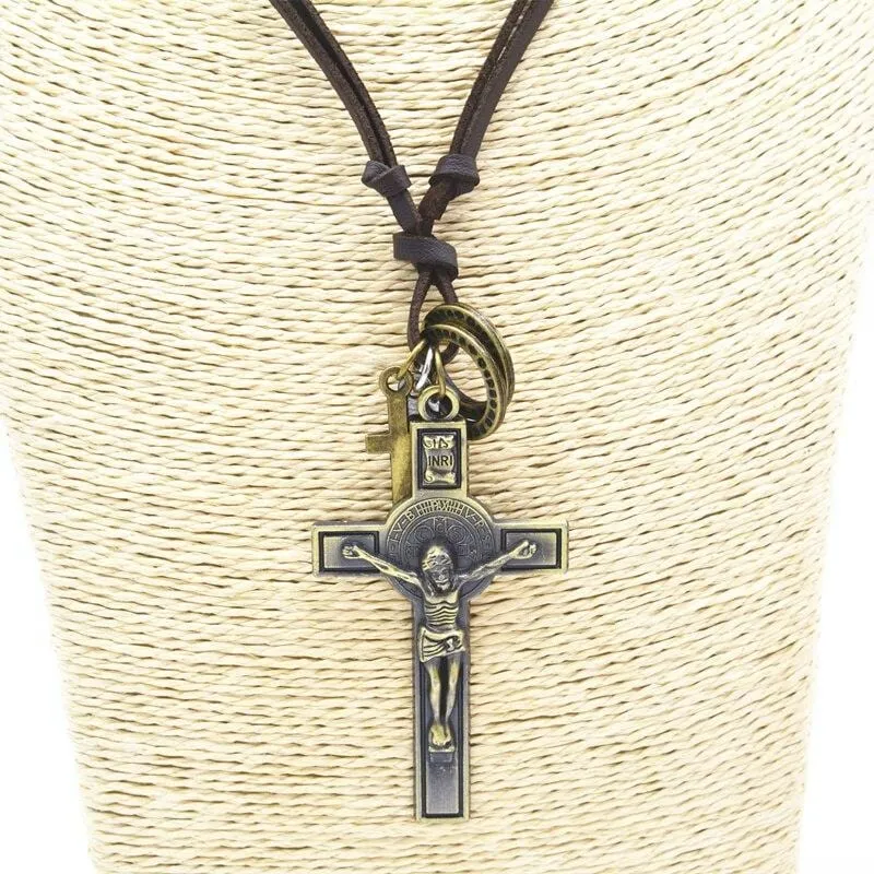 Men's Christian Necklace <br> Crucifix Leather Rope