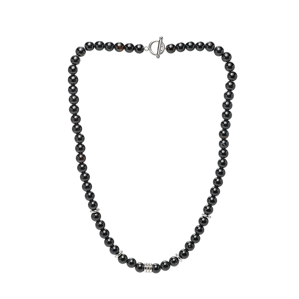 Men's Handmade Gemstone Beaded Chain Necklace with Stainless Steel Beads Contrast