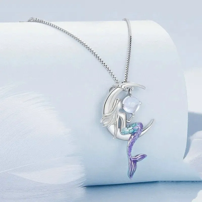 Mermaid Pendant Necklace Moon Neck Chain