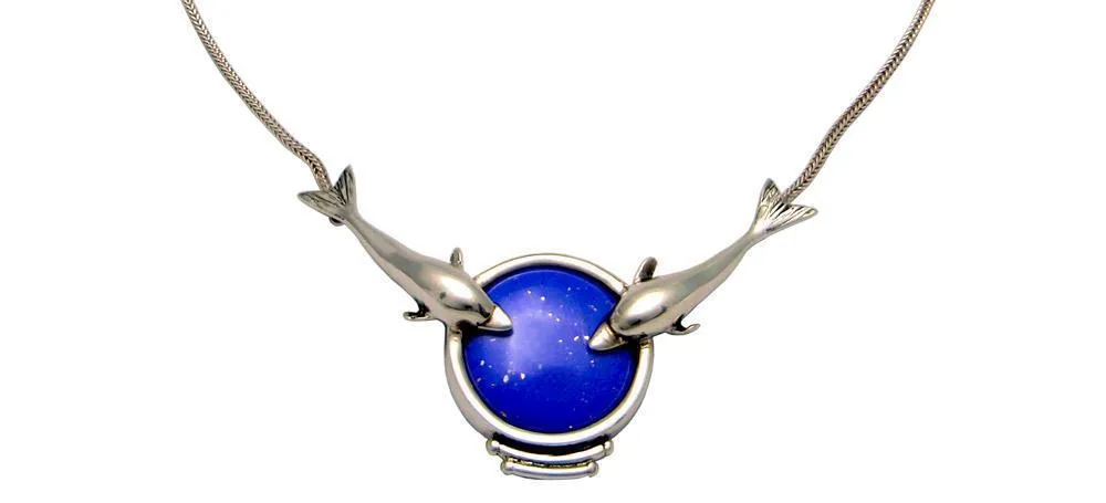 Minoan Dolphins Lapis Lazuli Sterling Silver Necklace (PE-14)