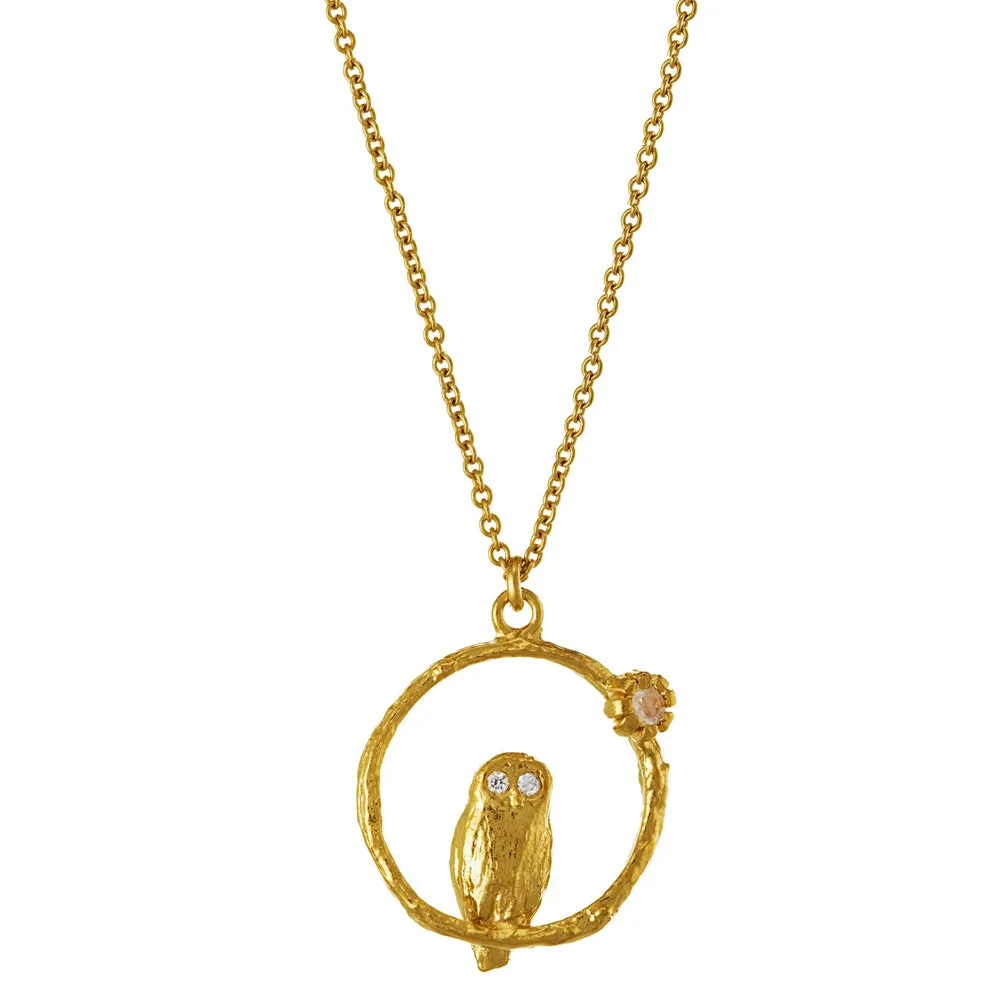 Moonstone & Diamond Gold Vermeil Necklace - "Peering Owl"