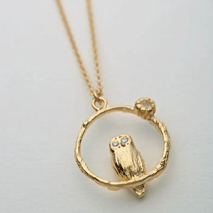 Moonstone & Diamond Gold Vermeil Necklace - "Peering Owl"