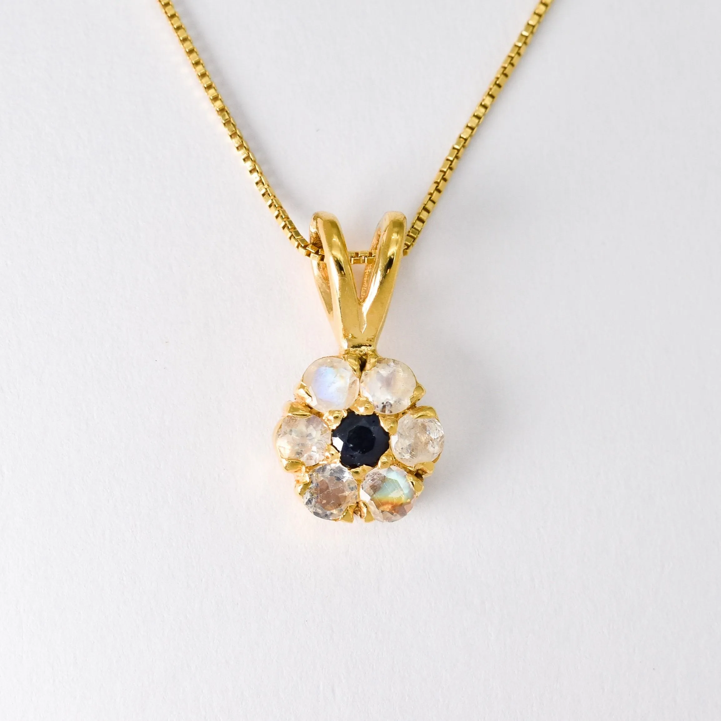 Moonstone Flower Necklace - Gold Moonstone Pendant - Vintage Sapphire Necklace