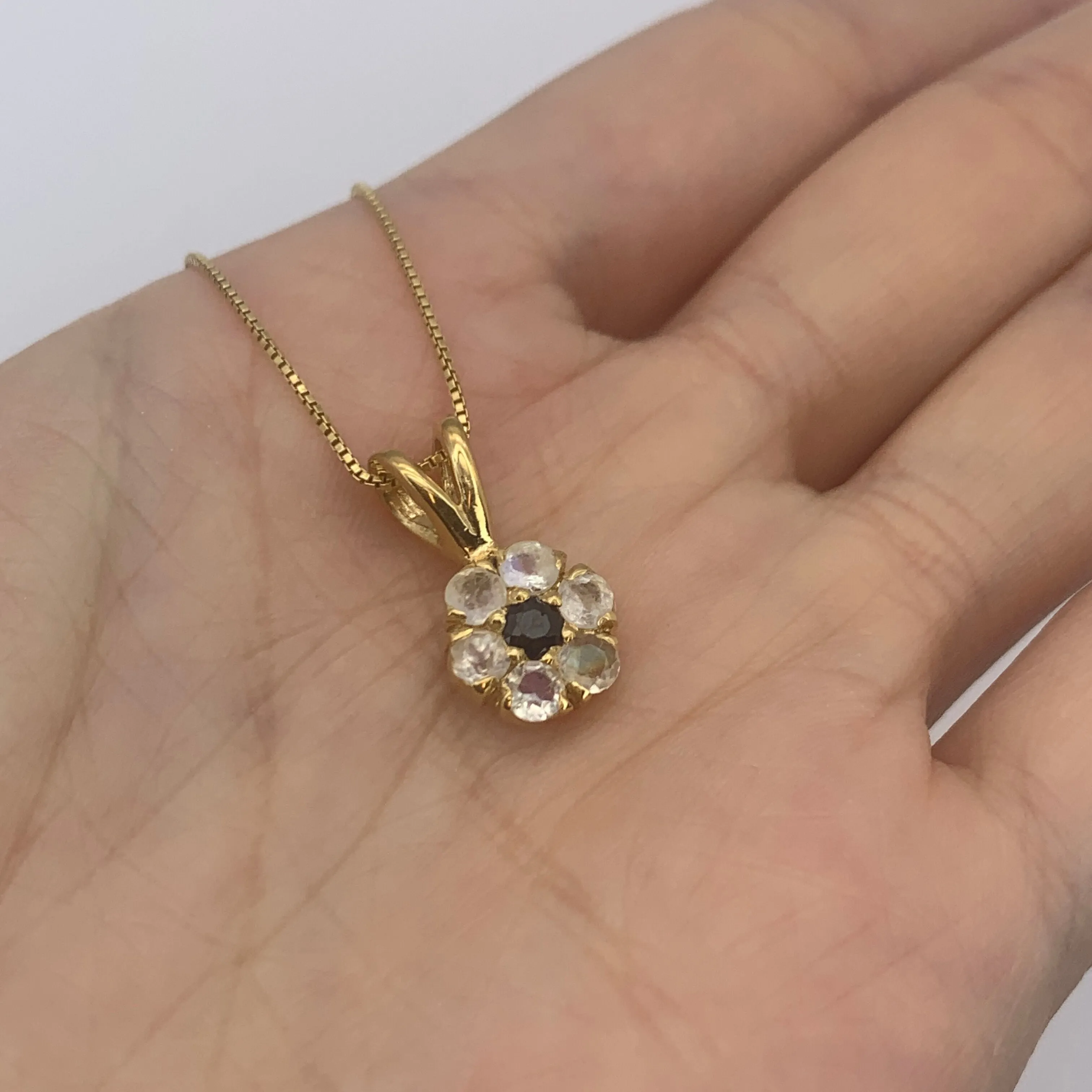 Moonstone Flower Necklace - Gold Moonstone Pendant - Vintage Sapphire Necklace