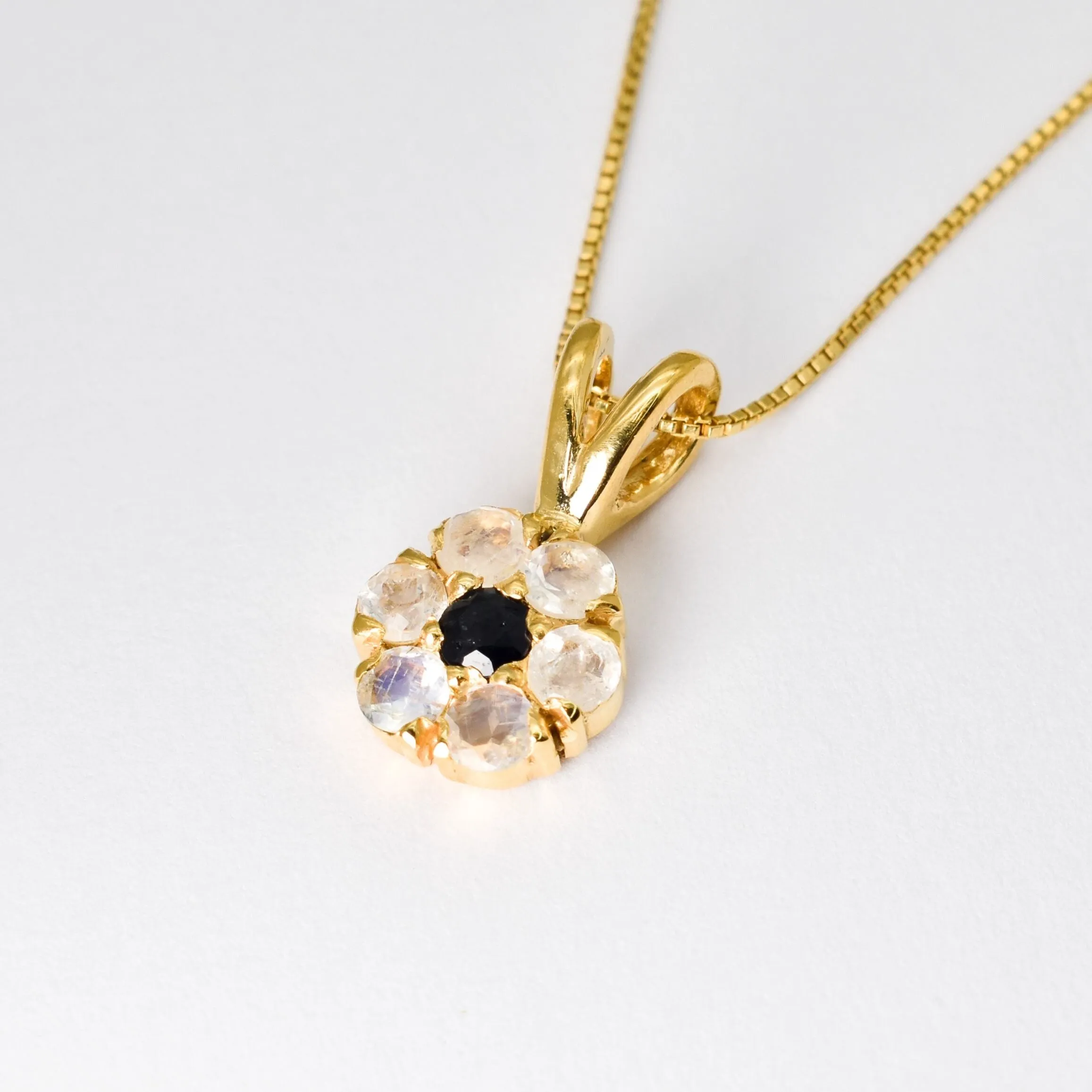 Moonstone Flower Necklace - Gold Moonstone Pendant - Vintage Sapphire Necklace