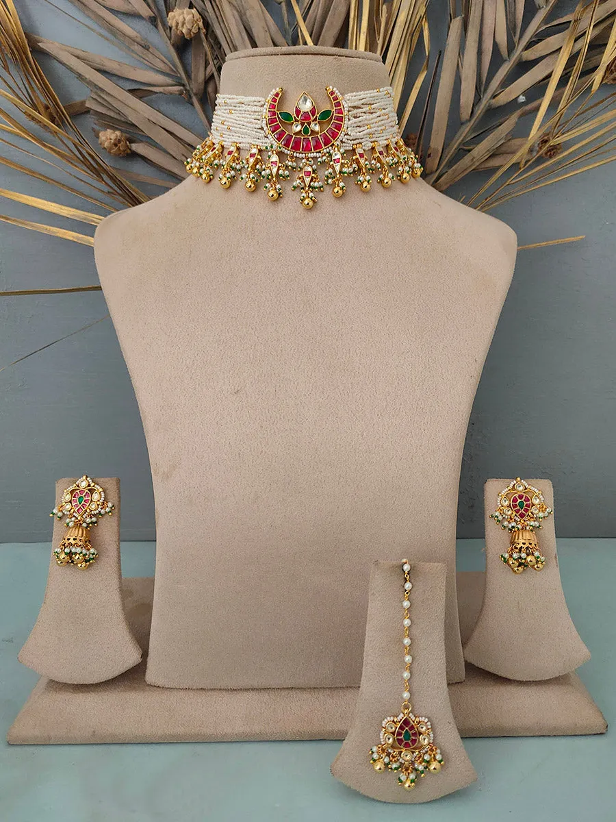 Multicolor Gold Plated Jadau Kundan Bridal Necklace Set - MS1331M