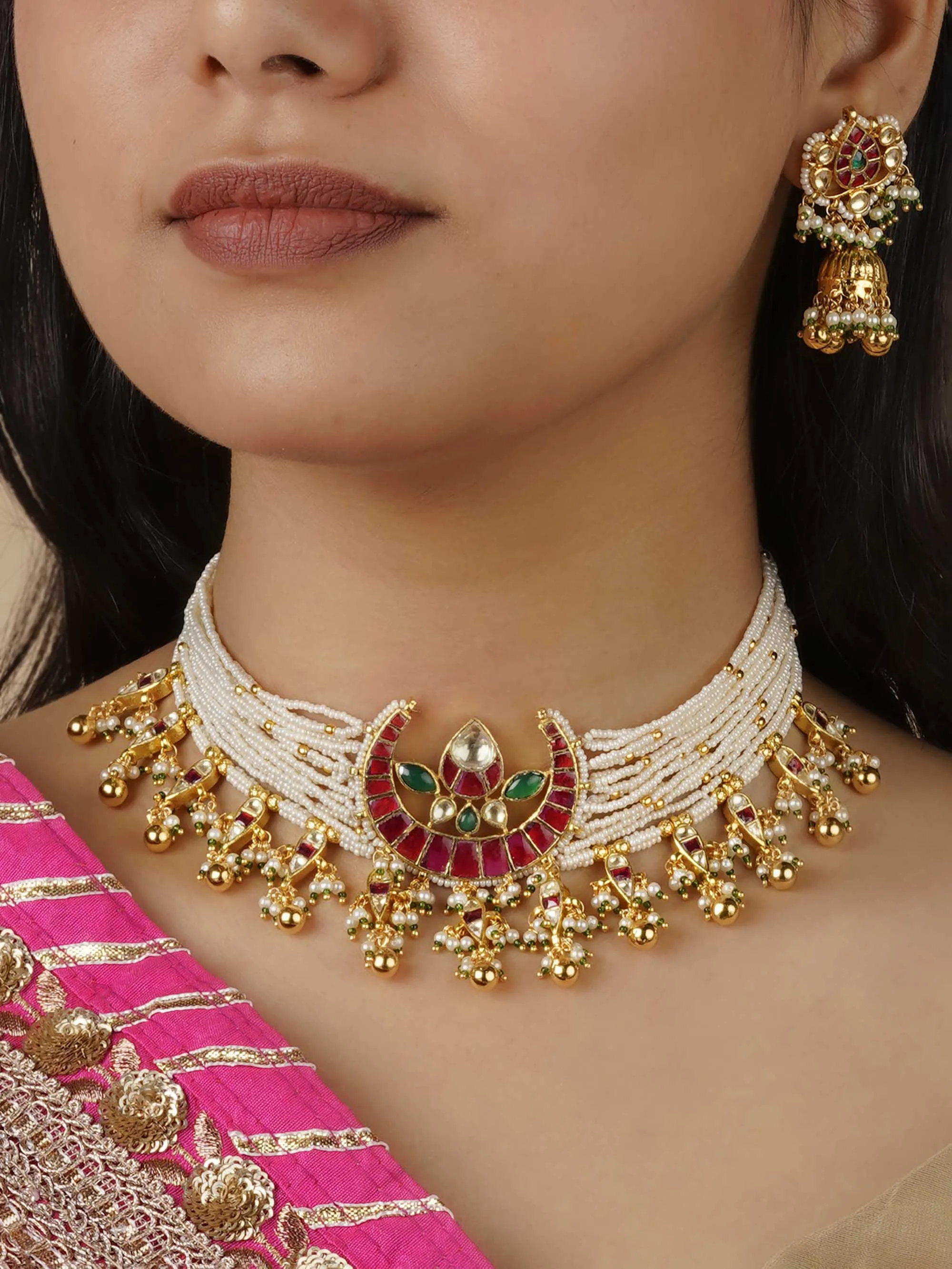 Multicolor Gold Plated Jadau Kundan Bridal Necklace Set - MS1331M