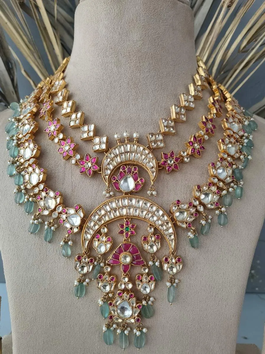 Multicolor Gold Plated Jadau Kundan Necklace Set - MS1022M