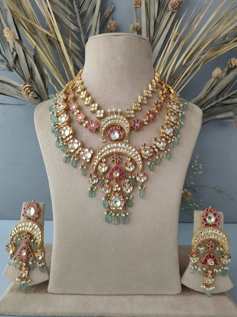 Multicolor Gold Plated Jadau Kundan Necklace Set - MS1022M