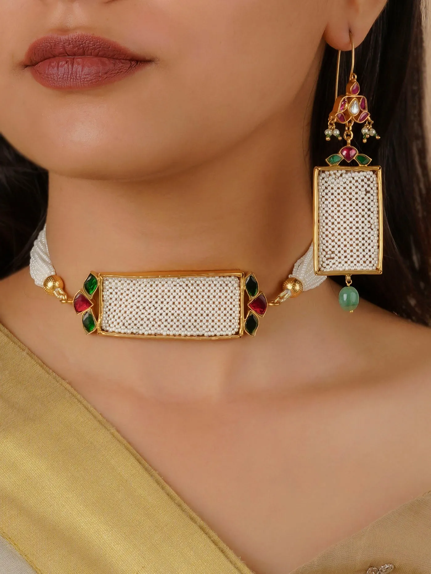 Multicolor Gold Plated Jadau Kundan Necklace Set - MS1650