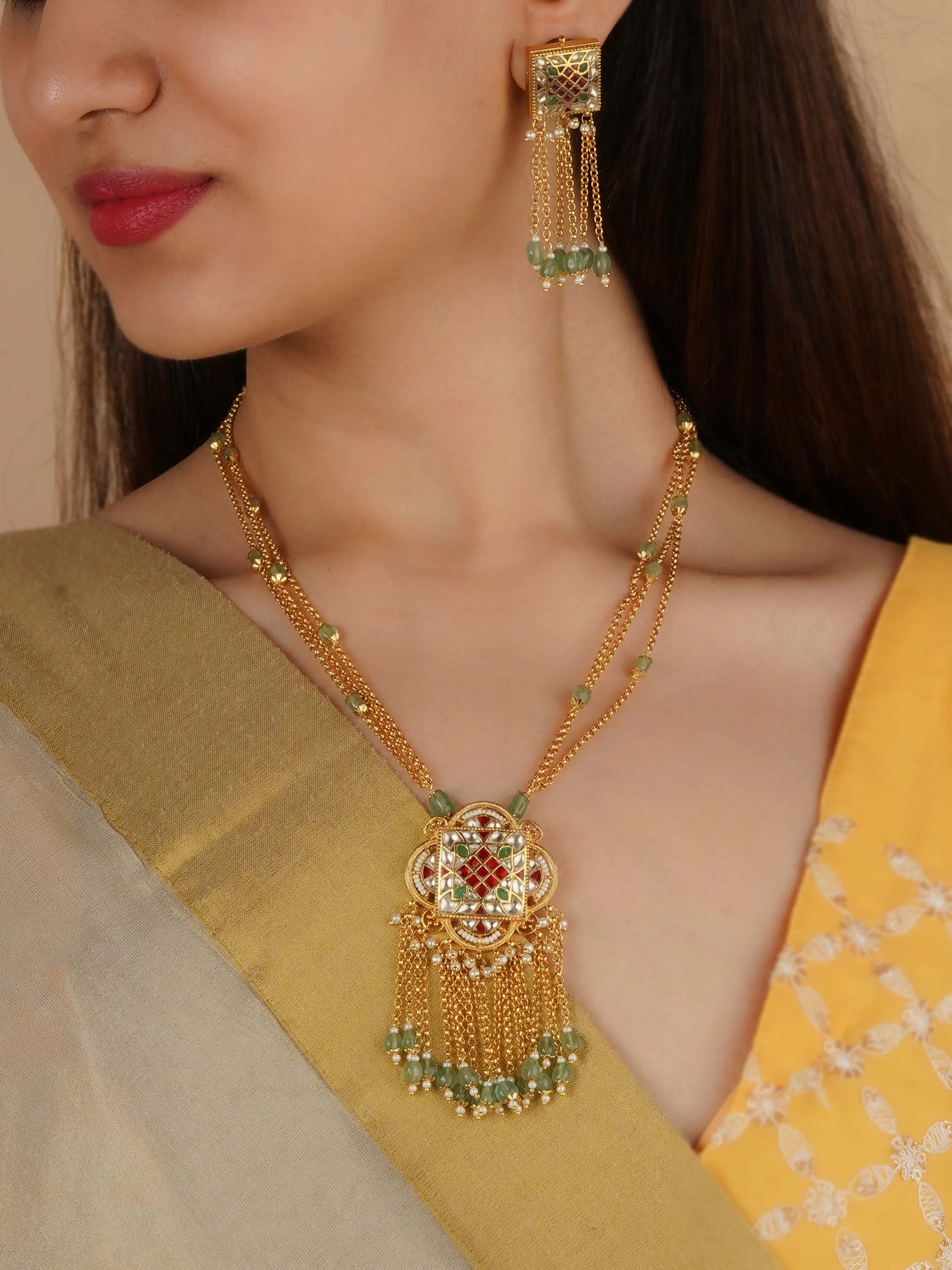 Multicolor Gold Plated Jadau Kundan Necklace Set - MS2252M