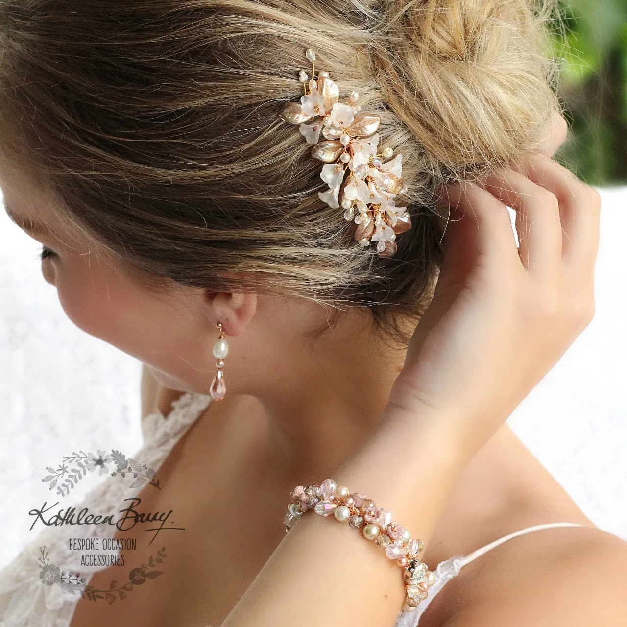 Nadine Floral leaf hair comb crystal & pearl - Rose gold, gold or silver - 7 pearl colors